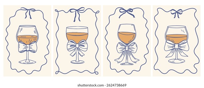Hand drawn whimsical greeting cards with elegant wine glasses with bows in vintage  ribbon frames. Sketch in doodle style.