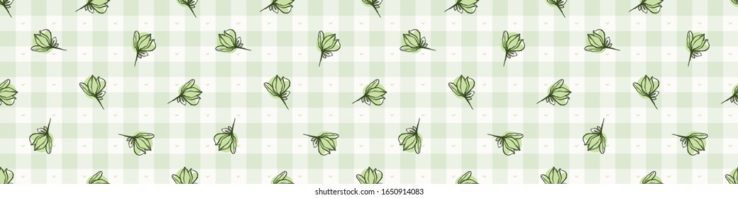 Hand drawn whimsical herb sprig gingham seamless pattern. Vector vintage check herbal plant background. Green farm market tablecloth. Drawn sketchy allover print. Home grown self sufficient garden