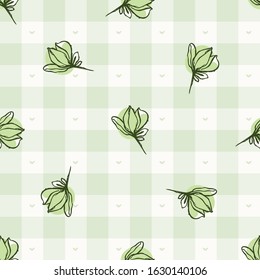 Hand drawn whimsical herb twig gingham seamless pattern. Vector vintage check retro vegetable background. Green farmer market tablecloth. Drawn sketchy allover print. Home grown herbal leaf garden