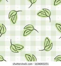Hand drawn whimsical herb twig gingham seamless pattern. Vector vintage check retro vegetable background. Green farmer market tablecloth. Drawn sketchy allover print. Home grown herbal leaf garden
