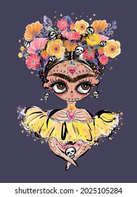 Hand drawn whimsical illustration of a Mexican woman with flower crown.