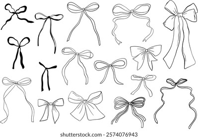 Hand drawn whimsical illustrations in coquette style. Set of ribbon bow doodle line art. Perfect for invitation, posters, menu, valentines day greeting cards. 