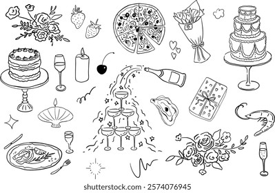 Hand drawn whimsical illustrations in coquette style. Collection of wedding doodle line art. Objects like hands with glass, сupids, champagne tower, candles, cakes, bows for invitation, posters, menu