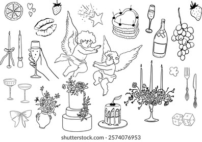 Hand drawn whimsical illustrations in coquette style. Collection of wedding doodle line art. Objects like hands with glass, сupids, champagne tower, candles, cakes, bows for invitation, posters, menu