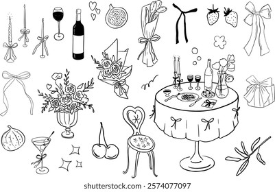 Hand drawn whimsical illustrations in coquette style. Collection of wedding doodle line art. Objects like hands with glass, сupids, champagne tower, candles, cakes, bows for invitation, posters, menu