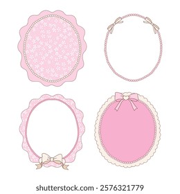 Hand drawn whimsical oval frames collection in coquette style  graphic set light pink pastel color style vector