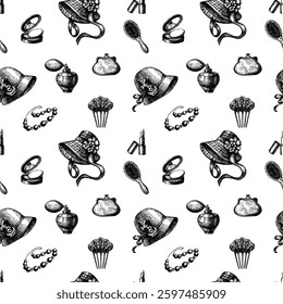Hand drawn whimsical retro fashion seamless pattern. Rococo llustration with elegant vintage ladies hats