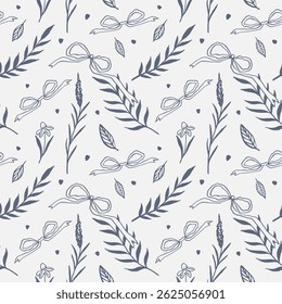 Hand drawn whimsical ribbon bow and flower seamless pattern perfect for textile, wallpaper