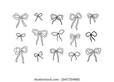 Hand drawn whimsical ribbon bows set. Coquette style vector illustration. Cute sketched black bow drawing. Line art doodle collection for present, card, wedding decor