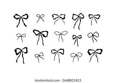 Arcos de fita desenhados à mão ajustados. Ilustração do vetor de estilo de coquete. Desenho de arco preto bonito. Coleção encantadora para presente, cartão, decoração de casamento