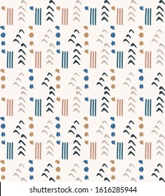 Hand drawn whimsical scribble lines seamless pattern. Vector painterly textured organic marks and stripes background. Playful gender neutral abstract geometric sketchy repeat all over print. 