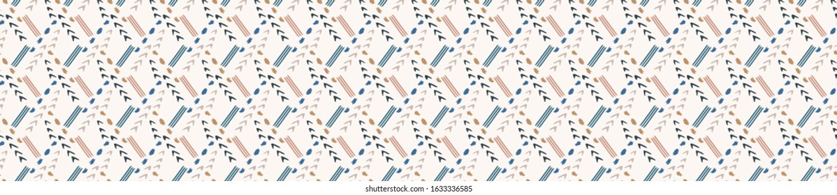 Hand drawn whimsical scribble lines seamless pattern. Vector painterly ribbon trim banner. Doodle marks background. Playful gender neutral abstract geometric sketchy repeat. Ethnic washi tape edge.