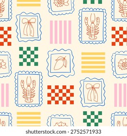 Hand drawn whimsical seamless pattern with lobsters, bows, lemons in frames and abstract elements of chessboards and stripes. Summer hand drawn vector background
