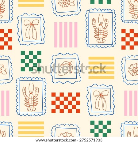 Hand drawn whimsical seamless pattern with lobsters, bows, lemons in frames and abstract elements of chessboards and stripes. Summer hand drawn vector background