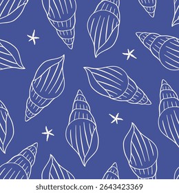 Hand drawn whimsical seashell pattern. Mediterranean style. Marine life vector illustration. Ocean shells sketch on blue. Underwater background. Coastal drawing, aquatic print for fabric