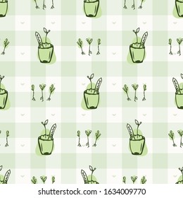 Hand drawn whimsical seedling sowing with plant pots. Gingham seamless pattern. Vector vintage check retro homesteading background. Green farmer market. Grow your own food allotment backdrop.