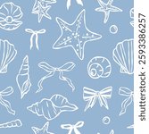 Hand drawn whimsical shells and bows seamless pattern