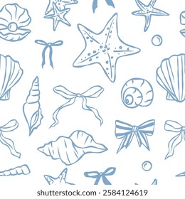 Hand drawn whimsical shells and bows seamless pattern