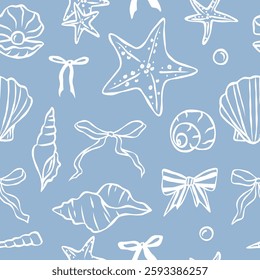 Hand drawn whimsical shells and bows seamless pattern