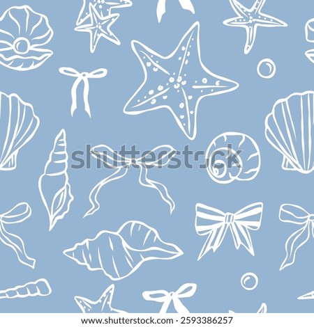 Hand drawn whimsical shells and bows seamless pattern