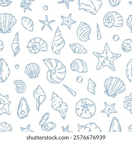 Hand drawn whimsical shells seamless pattern