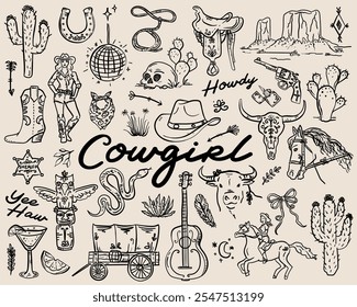 Hand drawn whimsical style Cowgirl vector illustration set