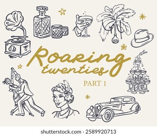 Hand drawn whimsical style Roaring 20s Great Gatsby party illustration set, vector collection
