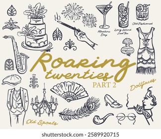 Hand drawn whimsical style Roaring 20s Great Gatsby party illustration set, vector collection
