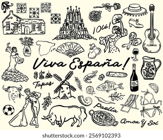 Hand drawn Whimsical style Spanish Culture elements vector set