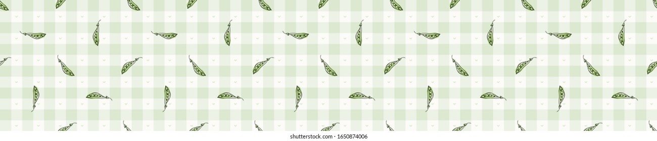 Hand drawn whimsical sweet pea gingham seamless pattern. Vector vintage check retro vegetable background. Green farm market tablecloth. Drawn sketchy allover print. Home grown self sufficient garden