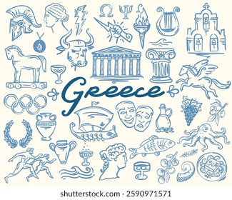 Hand drawn Whimsical Symbols of Greek Culture, vector set