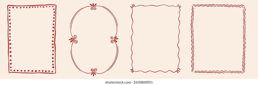 Hand drawn whimsical vintage frames. Bows frame with laces for greeting cards, wedding, birthday party, picnic invitations in cute elegant coquette style. Vector ribbons minimalist ornament borders