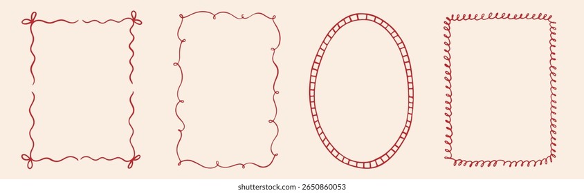 Hand drawn whimsical vintage frames. Bows frame with laces for greeting cards, wedding, birthday party, picnic invitations in cute elegant coquette style. Vector ribbons minimalist ornament borders