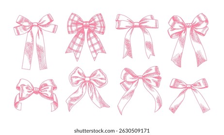 Hand drawn whimsical vintage vector coquette bows. Retro illustration set of ribbons