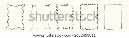 Hand drawn whimsical wavy frames. Decorative borders with curly sketch lines. Concept of vintage ornament design for wedding invitation, holiday card, poster, trendy party style. Vector illustration.