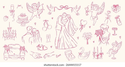 Hand drawn whimsical wedding and love doodles. Cupids, gifts, bride and groom, doves, swans, rings for bridal stationery, party prints. Romantic pink sketch style.