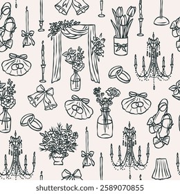 Hand drawn whimsical wedding seamless pattern