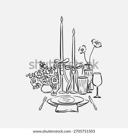 Hand Drawn Whimsical Wedding Table — Dinner Table Doodle Illustration, Line Art, Wedding Icon for Invitation