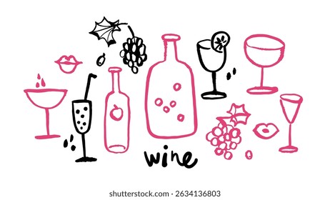 Hand drawn whimsical wine aesthetic set. Vector sketch line art doodle illustrations