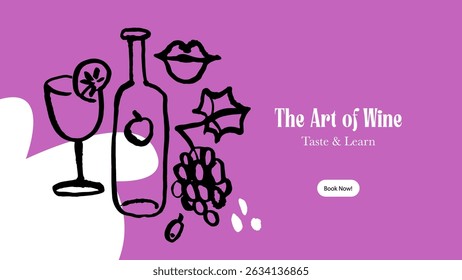 Hand drawn whimsical wine list banner. Vector sketch line art doodle illustration
