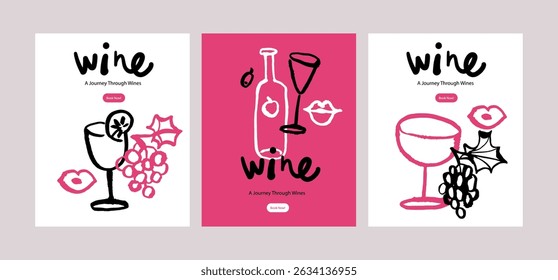 Hand drawn whimsical wine poster set. Vector sketch line art doodle illustrations