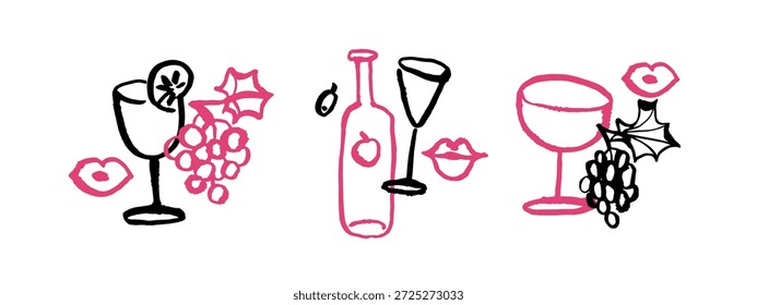 Handgezeichnetes, skurriles Weinset. Vektor einzelne Skizze Linie Kunst Doodle Illustration. Mediterrane Speisen und Getränke
