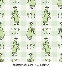 Hand drawn whimsical woman gardner with hat sowing seed. Gingham seamless pattern. Vector vintage check retro homestead background. Green farmer market. Grow your own food vegetables concept backdrop.