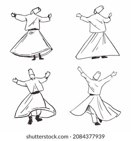 Hand drawn of Whirling dervish sufi dance isolated on white background.