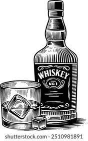 Hand drawn Whiskey Glass and Whiskey Bottle Sketch Illustration Engraving Woodcut Vintage Style Vector Line Art