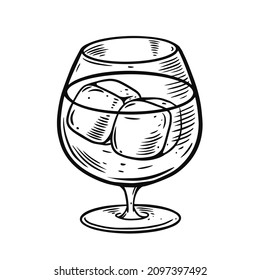 Hand drawn whiskey with ice cube. Vintage engraving style. Vector illustration clip art. Isolated on white background.