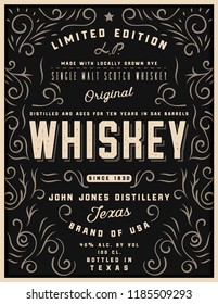 Hand Drawn Whiskey Label With Ornament Elements, Western Engraving Alcohol Whiskey Label