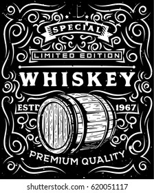 Hand drawn whiskey label with wooden barrel and floral calligraphic elements.American whiskey label, badge, sticker, print for t-shirt. Perfect for alcohol cards, bottle stickers, posters, banners.