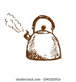 Hand drawn whistling kettle with steam. Sketch, vector illustration.