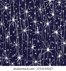 Hand drawn white abstract snowflakes on a blue backgrownd. Whiner seamless vector pattern.